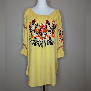 South Main Women's Embroidered Baby Doll Blouse Yellow Cotton Floral Shirt SzXL